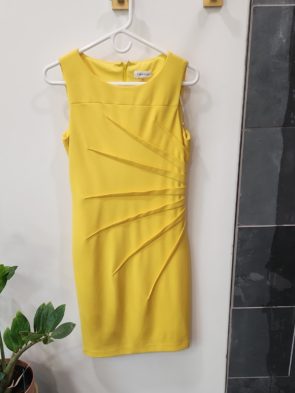 Calvin Klein Vibrant Yellow Sleeveless Sheath Dress with Radiating Pleats